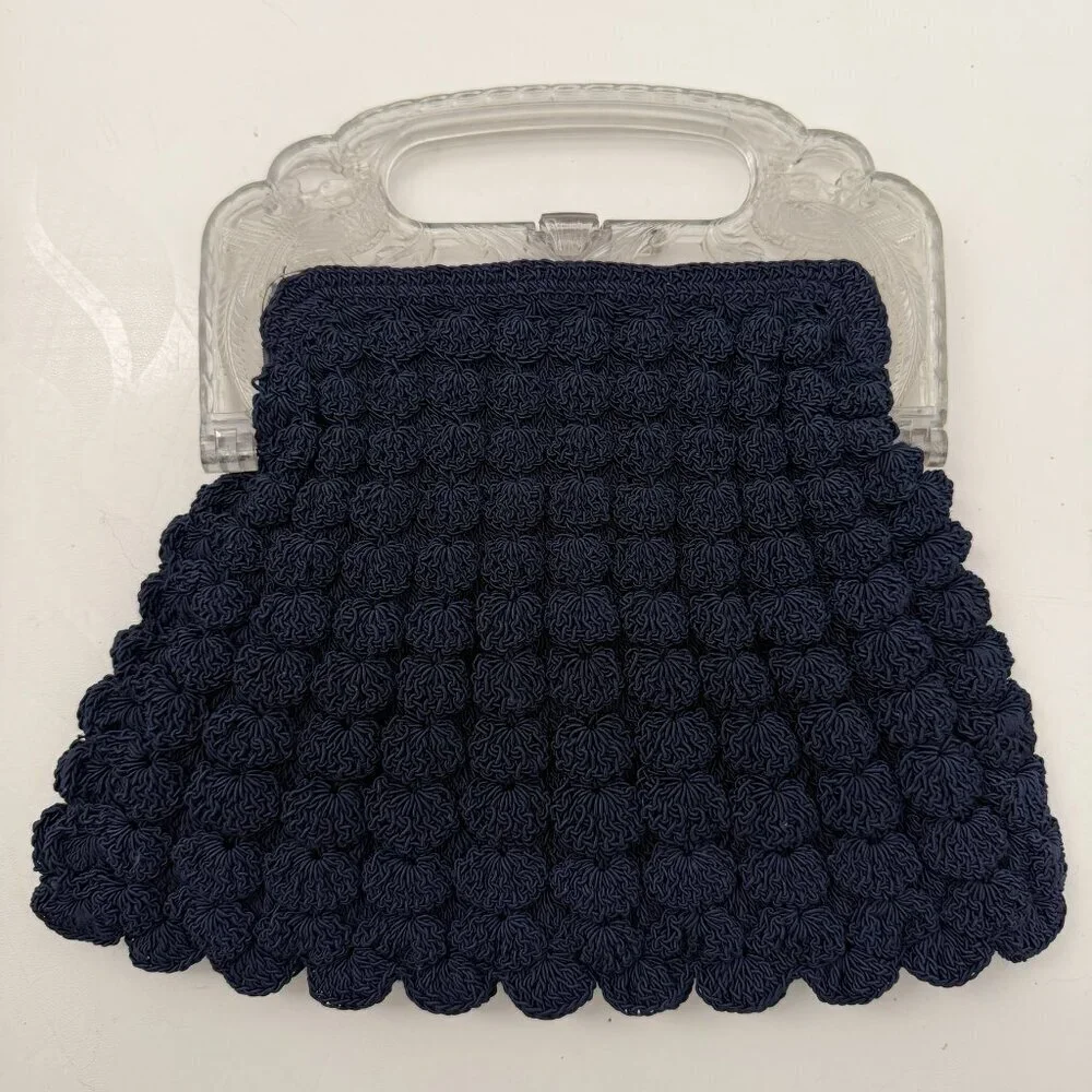 VINTAGE 30s Popcorn Crochet Navy Blue Peacock Handle Evening Bag